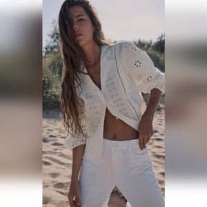 ZARA Embroidered Eyelet Blouse Puffy Sleeves White sz Medium